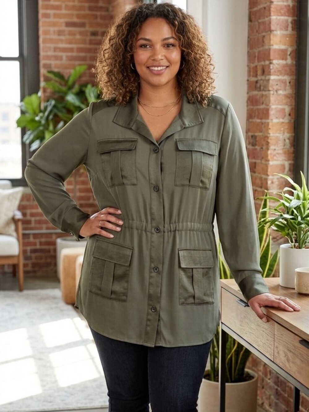 Chicos Semi Sheer Cargo Blouse 4 Front Pockets Olive Size 2 (Large) Snap Closure